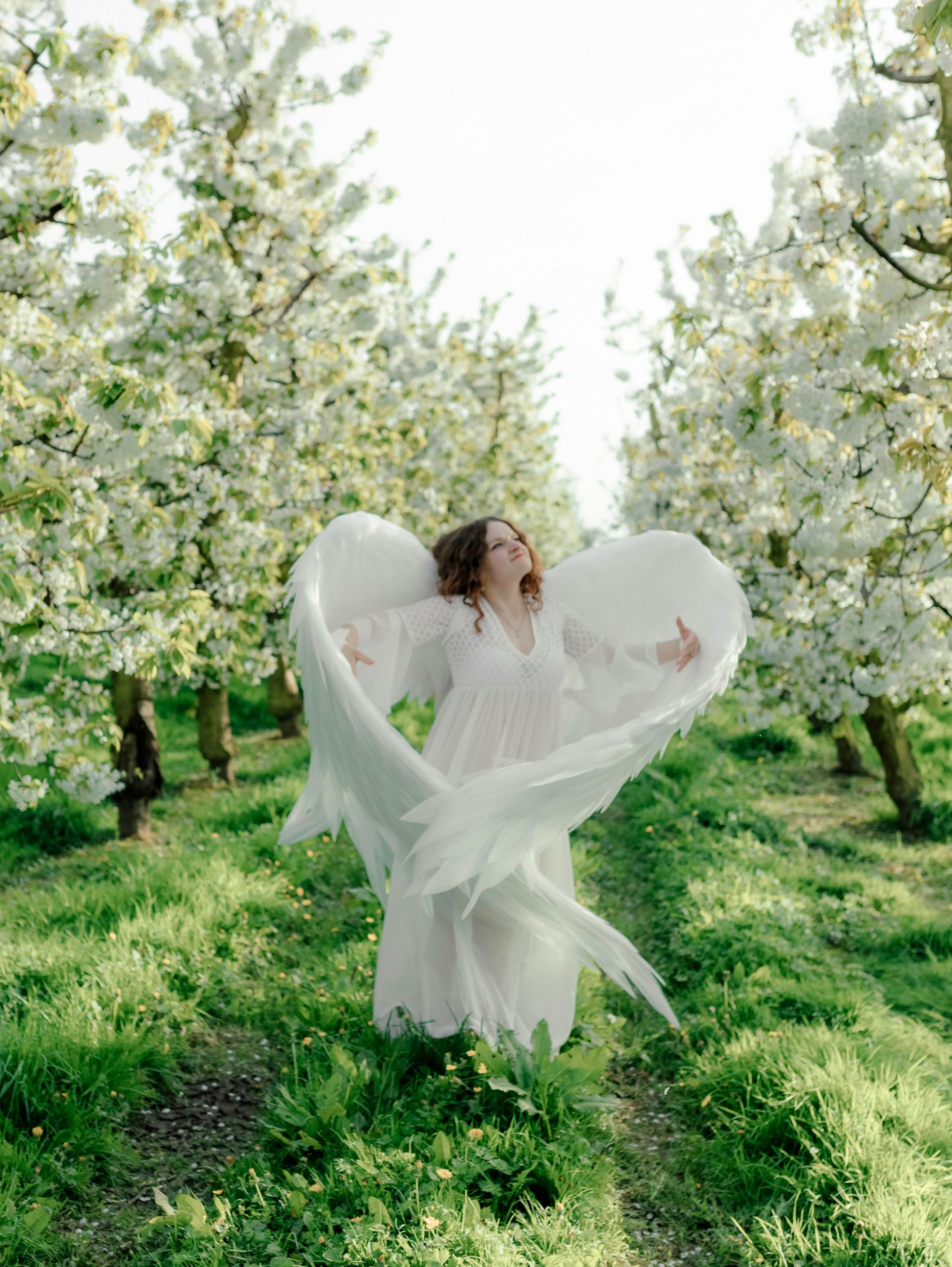 A woman with wings standing in a beautiful natural landscape, symbolizing the spiritual connection and experiencing God in nature through His creation.