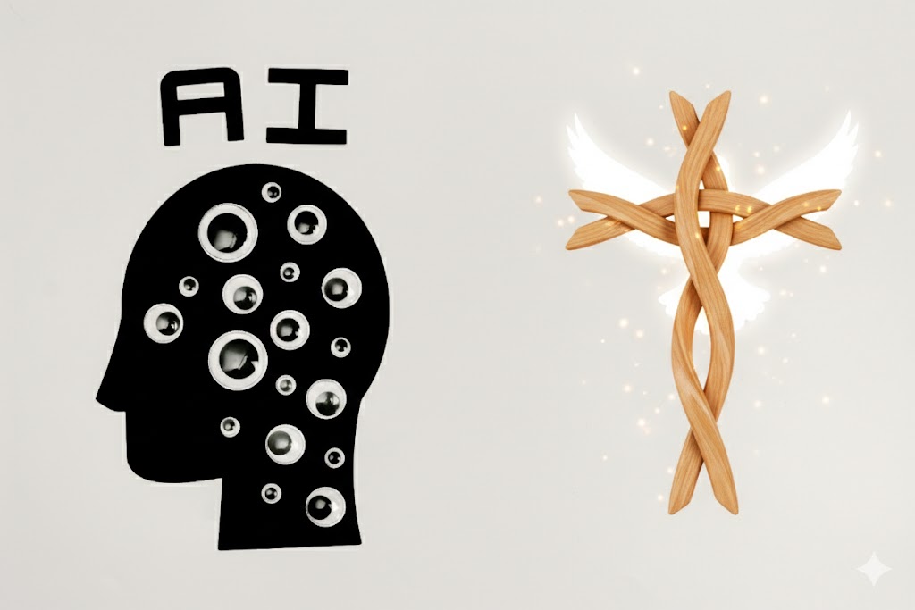 Comparison between Artificial Intelligence symbol and a Christian cross representing the balance between technology and faith.